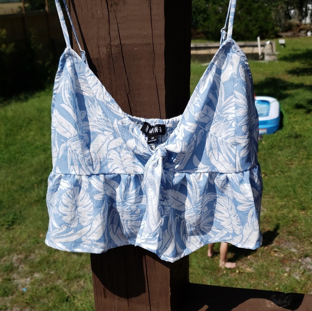Medium blue and white spaghetti strap crop top